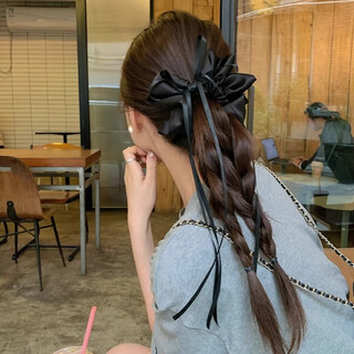 Xiao panda french gentle rose bow ribbon hairpin half-tied hair on the back of the head 2025 new spring clip feel 4# black ribbon hairband