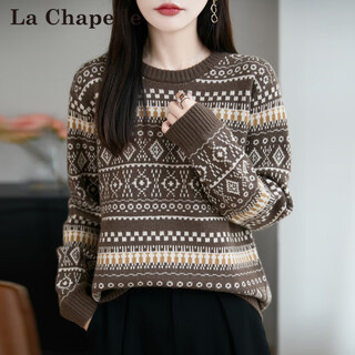 La chapelle french high-end fair isle jacquard sweater for women thickened warm sweater 2025 autumn and winter new style loose and stylish dark coffee color m recommended 90-115 jin jin equals 0.5 kg