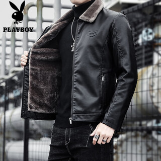 Playboy (playboy) haining haining leather men's autumn and winter thickened warm jackets young and middle-aged fur collar soft leather jackets winter men's black velvet thickened l recommended 115-130 jin jin equals 0.5 kg