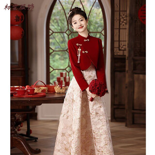 Meianjia new chinese toasting dress bride's new red wedding engagement dress skirt women's winter long-sleeved winter wine red s