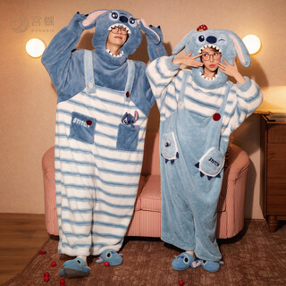 Gongdie thermal storage type disney stitch autumn and winter thickened coral velvet couple one-piece pajamas home clothes