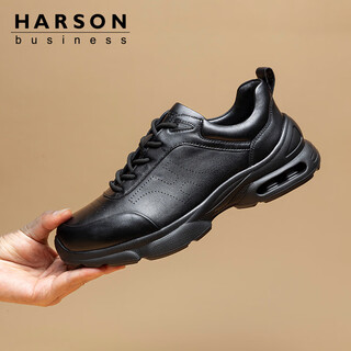 Harson men's autumn and winter casual leather shoes commuting business thick-soled heightening sports walking shoes black 41