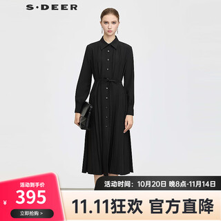 S.deer women's 25th new hepburn style lapel pleated waist shirt dress s25361202 black/91 s