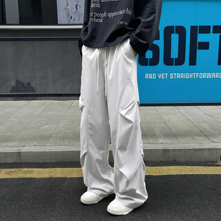 Pugos fatty large size american workwear paratrooper pants men's autumn 2025 new straight leg loose trousers trendy sports casual pants hk25600 light gray 3xl 165-180jin jin is equal to 0.5 kg