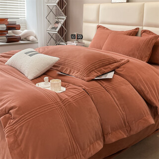 2025 new winter type a baby velvet buried rope style baby velvet solid color embroidered milk velvet four-piece set emma orange 1.8m bed sheet (quilt cover 200*230cm)