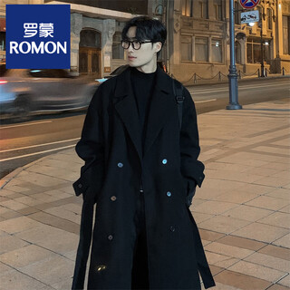 Romon belt tie mid-length woolen coat men's knee-level loose winter thickened korean style woolen windbreaker jacket trend black 3xl recommended 180-210jin jin is equal to 0.5 kg