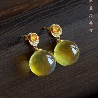 Yuzawa natural mexican blue amber earrings for women, luxurious and atmospheric round bead amber earrings s925 sterling silver gilt water purified 5a blue amber earrings 10mm