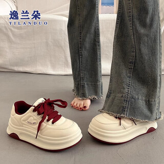 Landuo thick-soled white shoes for women in autumn and winter retro versatile plus velvet height-increasing sneakers 2025 new casual sports shoes burgundy 38 (240mm)