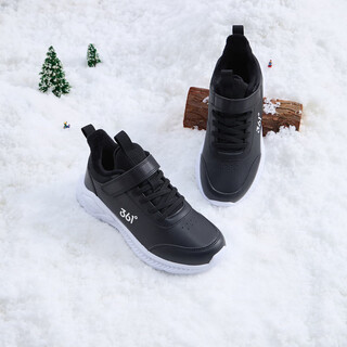 361 children's sports shoes, boys' running shoes, autumn and winter dense mesh lightweight velcro, girls' leather and velvet warm sports shoes, leather and velvet, carbon black/361 degree white 33