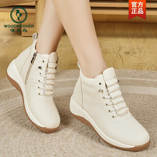 Woodpecker casual side zipper shoes travel shoes 2025 autumn and winter new thick-soled non-slip women's martin boots wedge heel genuine leather short boots off-white standard size 35