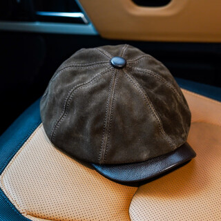 Kawakuda ichi octagonal european and american painter hat men's cowhide versatile british outdoor street leather beret elderly pumpkin hat l (55-56cm) adjustable