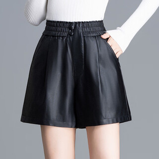 Large size slimming leather shorts 2025 autumn and winter new genuine leather pants high waisted wide leg boot pants large size outerwear a-line pants black pants length 37cm 2xl suitable for 121-130jin jin is equal to 0.5 kg