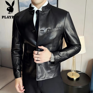 Playboy (playboy) stand collar leather jacket men's 2025 new new chinese men's style handsome autumn and winter motorcycle leather jacket black xl recommended 125-145 jin jin equals 0.5 kg