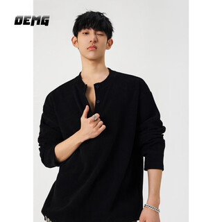 Oemg black henry collar long sleeve t-shirt men's autumn high street versatile high-quality youth undershirt top black xl recommended 110-130jin jin equals 0.5kg