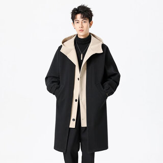 Lofvrang autumn and winter thickened warm fake two-piece woolen coat men's long hooded knee-length large size loose fat windbreaker jacket black thickened l suitable for 125 to 150 jin jin equals 0.5 kg