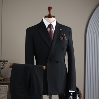 Xixi shishi suit autumn and winter suit men's double-breasted striped suit men's suit casual groom black (suit + trousers) xl 52 (125-135jin jin equals 0.5 kg)