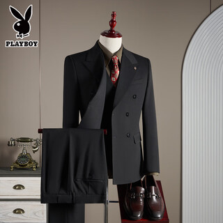 Playboy double breasted wool suit men's suit business formal high quality slim plus size groom wedding suit three piece black suit+trousers+vest l (110-125jin jin equals 0.5kg)