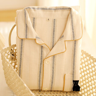 First look for japanese simple striped high-end pure cotton flannel couple pajamas spring and autumn new men and women casual simple home clothes off-white men's xl