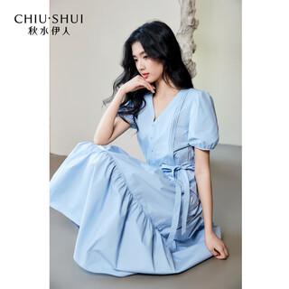 Qiushui yiren v-neck dress 2025 summer women's casual simple midi-length skirt waist dress 061 blue l