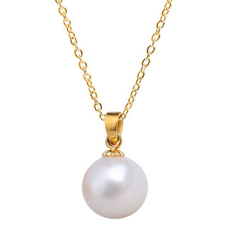 Half a grain of 18k gold natural freshwater pearl pendant, 925 silver necklace, korean single pendant for women, round strong light, white pearl gold base + silver gold-plated chain 11-12mm