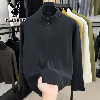 Playboy autumn and winter new henry collar german velvet long-sleeved t-shirt for young and middle-aged men two-button stand-up collar casual bottoming shirt sweatshirt for men black gray s 165