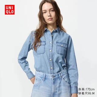 Uniqlo women's denim work shirt/long sleeve washed product jacket commuting casual 480004 480004/62 pink blue xs