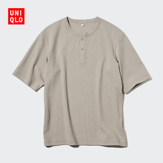 Uniqlo men's and women's couples quick-drying waffle henry collar t-shirt short-sleeved t-shirt textured sweat-absorbent 475361 31 beige l