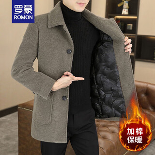 Romon autumn and winter mid-length woolen coat men's korean style trendy slim lapel plus cotton warm woolen windbreaker jacket camel high quality plus velvet l