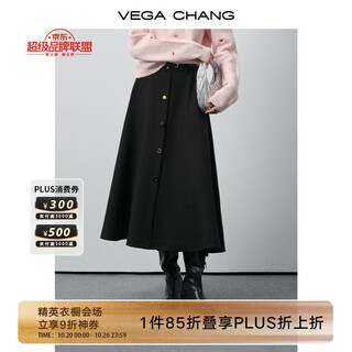 VEGA CHANG黑色半身裙女2025新款秋彩扣设计复古优雅 哑光黑 M