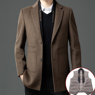 Dancing wolves autumn and winter men's suit collar woolen coat high-end double-sided woolen business fashion fur jacket velvet liner warm khaki m 170