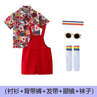 Zhuying liuyi children's candy color suspender pants suit dopamine chorus cheerleading dance performance class uniform red men's five-piece set 100 cm