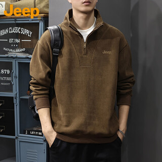 Jeep (jeep) sweatshirt men's autumn and winter zipper loose long-sleeved t-shirt men's corduroy thickened warm men's clothing camel xl