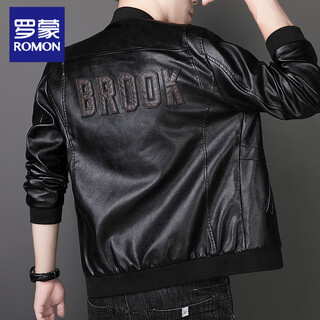 Romon leather jacket men's autumn and winter trendy brand loose jacket baseball jacket leather jacket velvet thickened cycling jacket top 82119 black m 80-100jin jin equals 0.5 kg