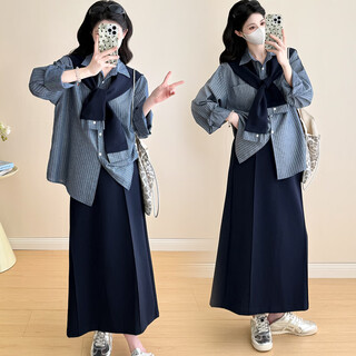 Maternity wear 2025 new autumn korean style lazy style shirt skirt shawl pregnant mother advanced wear three-piece set shirt + skirt + shawl three-piece set m