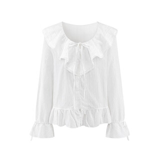 5+（FivePlus）荷叶边压褶长袖衬衫女甜美温柔减龄法式衬衣秋季新款 白色 S （105斤以内）