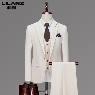 Lilan three-piece men's suit business professional formal small suit korean version slim groomsmen groom wedding dress off-white xl