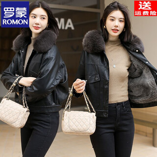 Romon fox fur collar genuine leather jacket thickened and velvet women's 2025 new winter loose slim short leather jacket black genuine fox fur collar leather jacket m recommendation 86-105 jin jin equals 0.5 kg