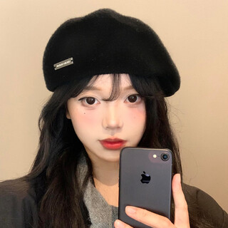 Yanyun black woolen forward hat for women spring and autumn korean style all-match face-showing small reverse beret big head circumference painter hat black one size