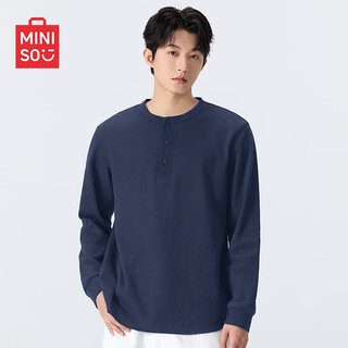 Miniso textured long-sleeved t-shirt men's 2025 autumn new loose henry collar casual bottoming shirt with clothes, navy l /175 (full refund for quality issues within 30 days)