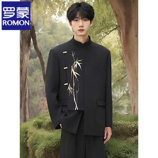 Romon new chinese style men's adult dress engagement wedding suit stand collar golden bamboo dk tunic suit class suit black suit xl