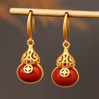 Little silversmith s925 silver gourd earrings for women agate small gourd copper coin earrings new chinese style hollow tassel earrings girlfriend gift