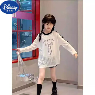 Disney girls autumn t-shirt korean style bow long sleeve top children's new lightweight basement air conditioner medium and big children sun protection white t 120