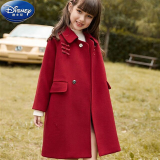 Disney (disney) girls woolen coat children's woolen coat new year's eve mid-length autumn and winter 24 new big children's girls top red cotton lining 130cm
