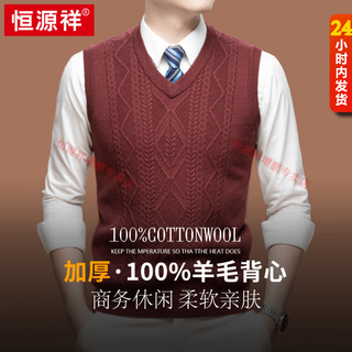 恒源祥100%纯羊毛衫男士V领背心马甲加厚无袖坎肩针织衫保暖毛衣打底衫 红色 M 165