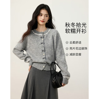Shangjing sweater women's 25th winter new women's french elegant lace splicing bow cardigan round neck sweater women's top