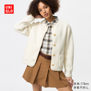 Uniqlo women's imitation sherpa polar fleece round neck cardigan/long-sleeved jacket 481025 00 white m /160/84a