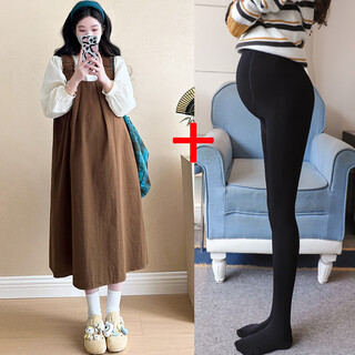 Pro-zhi maternity suit spring and autumn two-piece maternity spring and autumn suit two-piece long-sleeved loose slim shirt suspender skirt 20 khaki suit two-piece + black pantyhose l