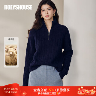 Roeyshouse half-zip stand-up collar twist raffia knitted sweater for women winter light luxury 100% sheep wool sweater top 13176 dark blue m (applicable to normal s/m size)