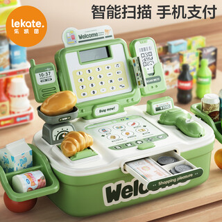 Luckytu convenience store internet celebrity popular supermarket cash register children's toys play house girls kitchen simulation shopping cart men 64 pieces luxury green intelligent scanning + chinese and english audio + shelf light music free supermarket cash register toys for kindergarten children aged 3,45,67 or 8 years old