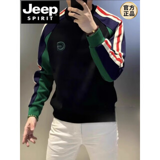Jeep spirit jeep european trendy striped contrasting color round neck sweatshirt men's autumn and winter fashion casual versatile slim pullover black xl